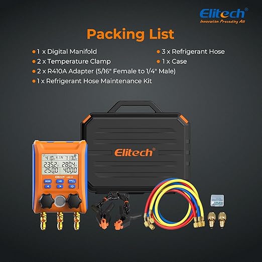 Elitech Digital Manifold Gauge 2-Way Valve with Thermometer Clamps for HVAC Systems, LMG-10Plus