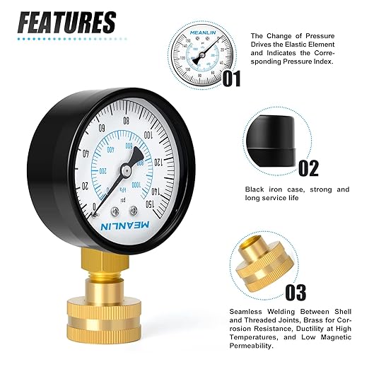 MEANLIN MEASURE 0-150psi Water Pressure Gauge,3/4" Female 2.5" FACE DIAL Water Pressure Test Gauge with Sealing Ring, Water Pressure Gauge for Home