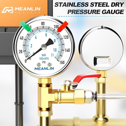MEANLIN MEASURE 0~160Psi Dry Pressure Gauge Stainless Steel 1/4" NPT 2" FACE DIAL Waterproof for Air Compressor RV Regulator Water Pressure Tester Lower Mount (with 2PCS Snaps)