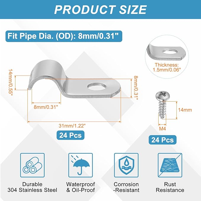 uxcell 24Pcs 8mm(5/16") One Hole Rigid Pipe Strap, 304 Stainless Steel Conduit Clamp Thicken U Bracket Heavy Duty Pipe Clamp with Self-Tapping Screws for Fixing Tube Cable, Silver