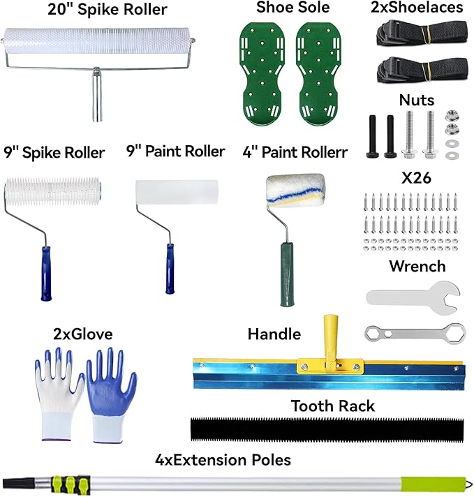 Self Leveling Concrete, Epoxy Floor Kit, Garage Floor Epoxy Kit Self Leveling Rake, Telescopic Pole, Floor Leveling Tools, Spike Roller for Self-Leveling, Spike Shoes for Epoxy Flooring