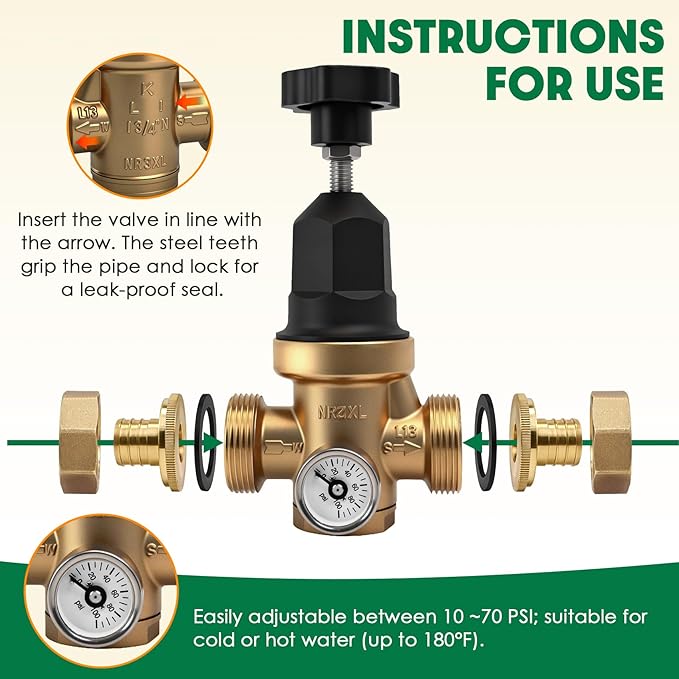 Upgraded 3/4" Water Pressure Regulator, FNPT Double Union, Polymer, Visual Pressure Gauge, 10–70 PSI, Precise Adjustment, One-stop Water Solution, For Residential or Commercial Premises
