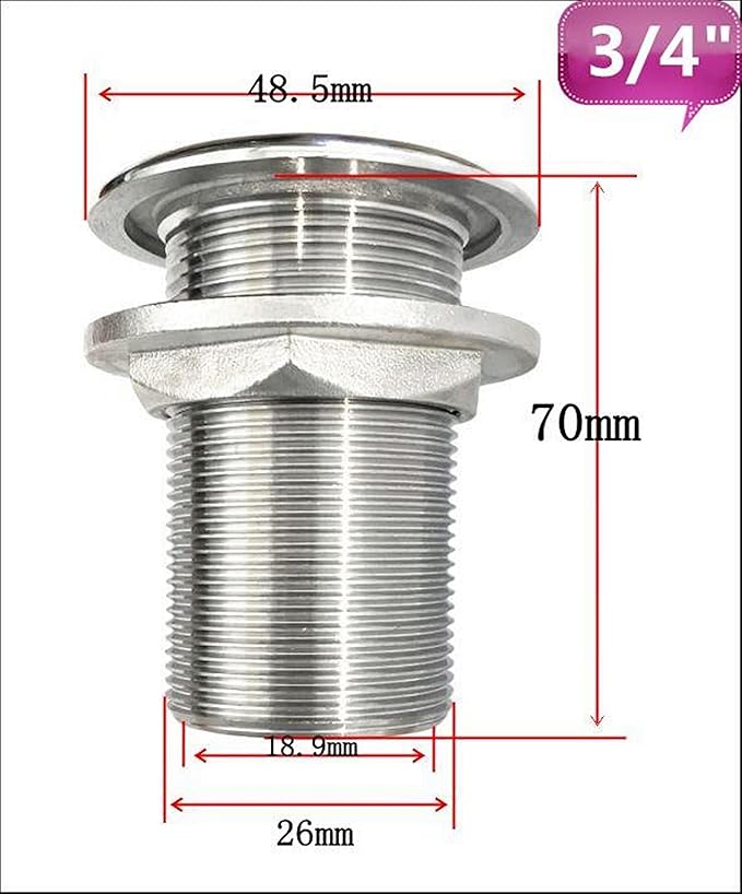 1Pack Stainless Steel 316 Straight Thru Hull Fitting Drain Thread Hose Barb Scupper Hose with Nut，Marine Bilge Pump Drain Vent Aerator Hose Yacht Water Outlet Port