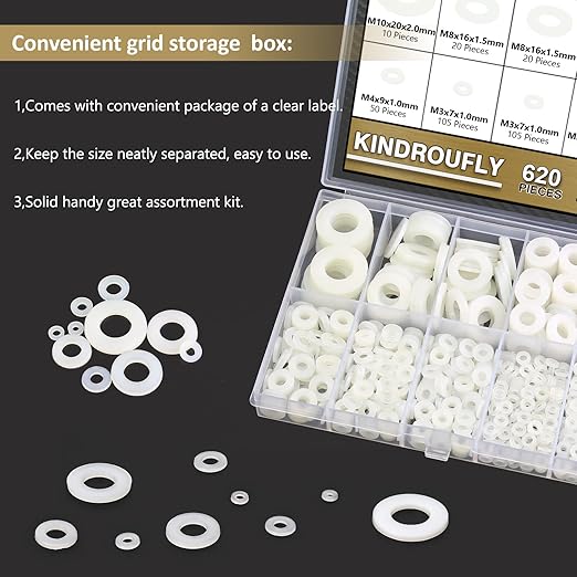 620 Pieces Nylon Flat Washers, Kindroufly 8 Sizes Plastic Washers, White Nylon Washers Assortment Kit (M2 M2.5 M3 M4 M5 M6 M8 M10)