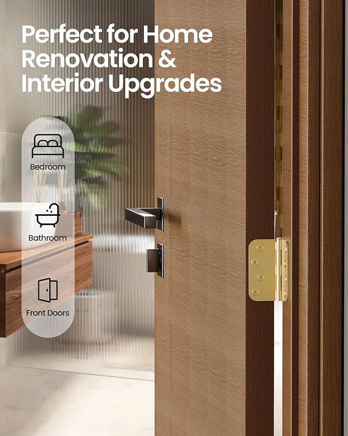 4" X 4" Satin Brass Door Hinges – 24 Pack Gold Door Hinges with 5/8" Radius, Rounded Interior Heavy Duty 4 Inch Exterior & Front Door Hinge for Residential Use