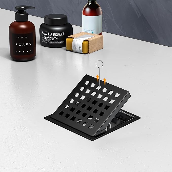 4-1/3 Inch Square Shower Floor Drain,304 Stainless Steel Square Shower Drain, High Flow Design CUPC & Watermark Certified (Black, 4 in)