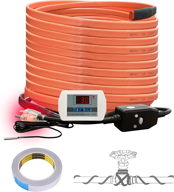 Cupohus Heat Tape for Water Pipes with Digital Display Thermostat 80FT, Freeze Protection Self-Regulating Heat Trace Cable for Metal, Plastic Home Pipes, Roof and RV, 110-120V