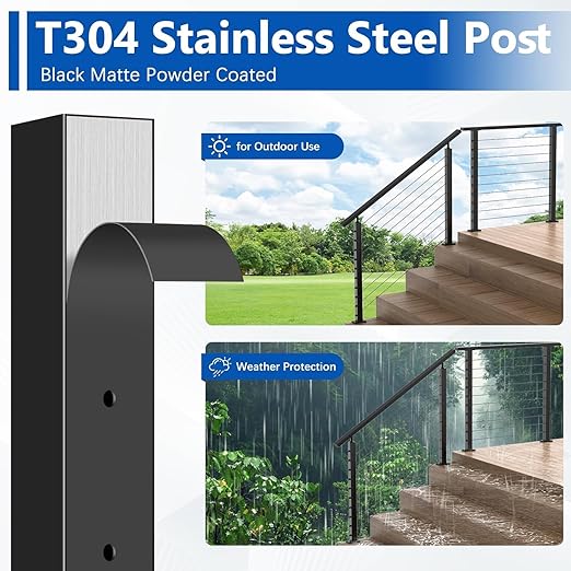 Upgraded 36 Inch Swageless Stair Cable Railing Post(35"x2"x2") Fit 28-38 Degree Stairway, T304 Stainless Steel Wire Metal Post with Cable Grommets, Outdoor Finish for Stair Railing Outdoor