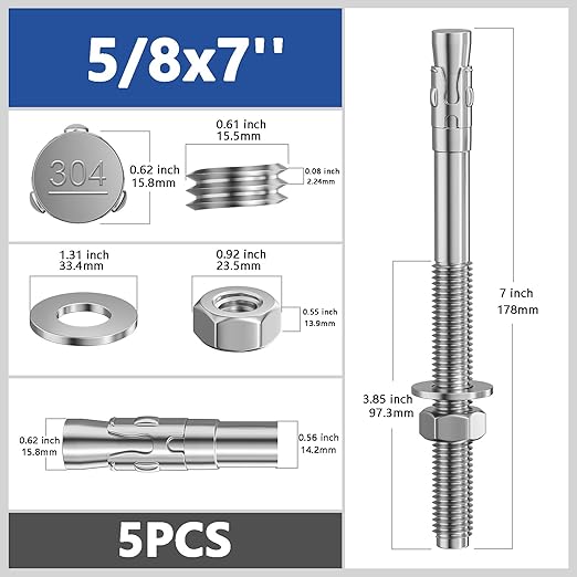 5Pcs 5/8x7 Inch Standard Fasteners for Heavy-Duty 304 Stainless Steel Wedge Anchors for Cement and Concrete