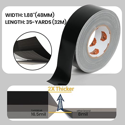 TAPEBEAR 12 Rolls Duct Tape Heavy Duty Waterproof 1.88" x 35 Yards, 16.5mil Thick Strong Tape, UV Resistant, All-Weather, No Residue, Super Strength for Industrial Use Indoor Outdoor Repairs, Black