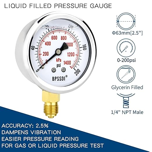 0-200 Psi Glycerin Liquid Filled Low Pressure Gauge, 2.5" Dial Size, 1/4" NPT Lower Mount, 304 Stainless Steel Case, for Water Pipe, HVAC, Water Oil Air Pressure Test