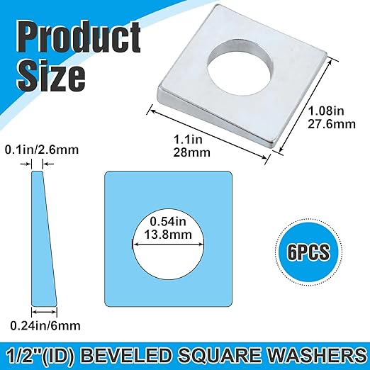 6 Pcs 1/2" Beveled Square Washers, 1-1/8" x 1-1/8" Plain Carbon Steel Galvanized Wedge Shaped Washer 2mm to 6.6mm Thick, Metal Shims for Leveling (Silver)