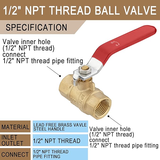 [10 Pieces] Lingmfg 1/2" NPT Thread Ball Valve Shut Off Valve LING-BV1-1/2FNPT-10
