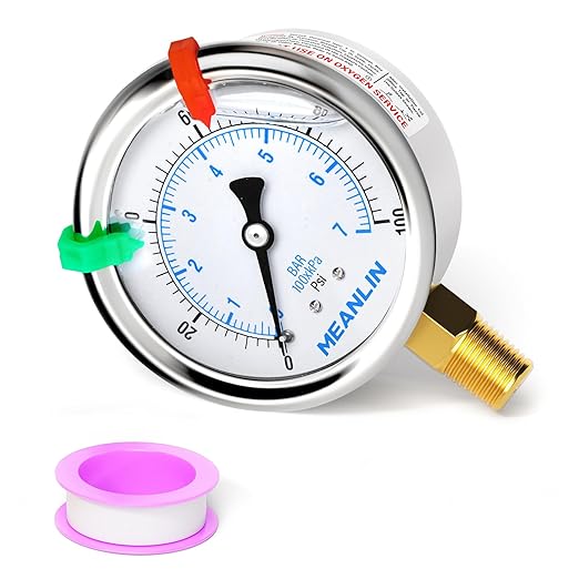 MEANLIN MEASURE 0~100Psi Liquid Filled Pressure Gauge 1/4" NPT 2.5" FACE DIAL Stainless Steel Glycerin Filled WOG Water Oil Air Lower Mount (with 2PCS Snaps)