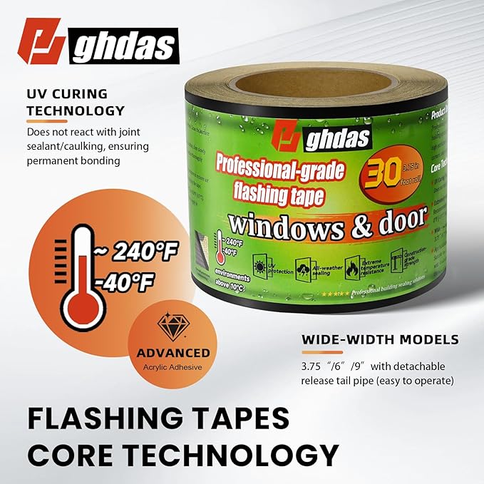 Flashing Tape, 3.75" x 30', Industrial Strength for Windows, Doors, Weather-Resistant, UV-Resistant, Tear-Resistant, Advanced Acrylic Adhesive, Black