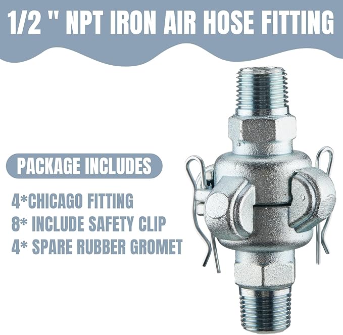 Therwen 4 Sets 1/2 inch Chicago Air Fittings NPT Iron Air Hose Fitting 2 Lug Universal Coupling for Female and Male End(Male End)