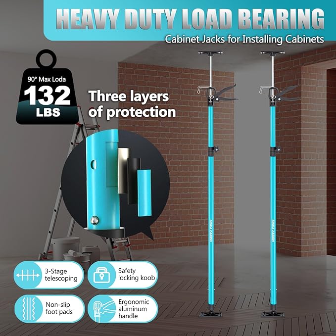 Steel Adjustable Cabinet Jack Support Pole, Quick Support Rod & Drywall Jack, Zip Wall Dust Barrier System, 3rd Hand Support System Load 132LB, Cabinet Installations Tools from 45.2-115.2 in, 2-Pack