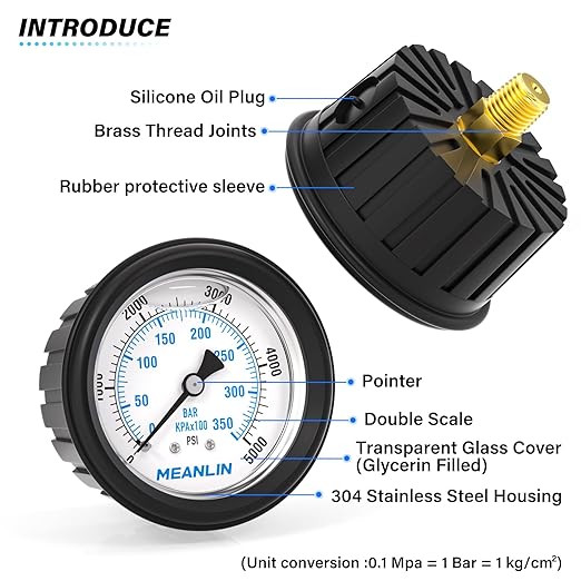 MEANLIN MEASURE 0~5000Psi Stainless Steel 1/4" NPT 2.5" FACE DIAL Liquid Filled Pressure Gauge WOG Water Oil Air Center Back Mount(with Rubber Protective Sleeve)