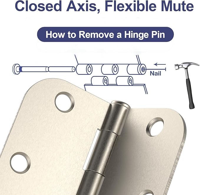 12 Pack Rounded Satin Nickel Door Hinges, 3.5 x 3.5 Inch Hinges with 5/8" Radius Corners, Durable and No Squeak Hinges, for Home Interior, Exterior Doors and Commercial Use