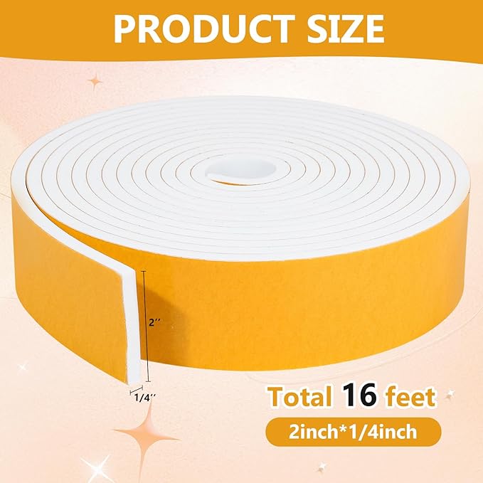 16Feet Weather Stripping Seal (2 Inch X 1/4 Inch) for Door Window, High Density Foam Tape, Soundproofing, Insulation Strip, Door Sealers for Door Frame- White