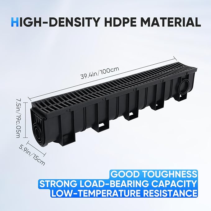 Trench Drain System, Channel Drain with Plastic Grate, 5.9x7.5-Inch HDPE Drainage Trench, Black Plastic Garage and Garden Drain, 4x39 Trench Drain Grate, with 4 End Caps-4 Pack