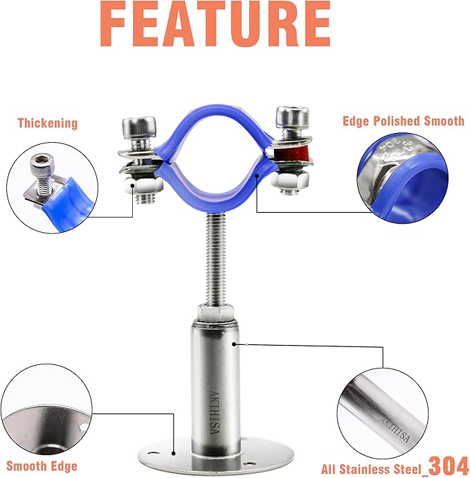 AKIHISA 2 Pcs 304 Stainless Steel Pipe Supports, Wall Mount Ceiling Mount Pipe Hanger, Pipe Holder for OD Pipe 15-19MM Adjustable Height Range 30-50mm