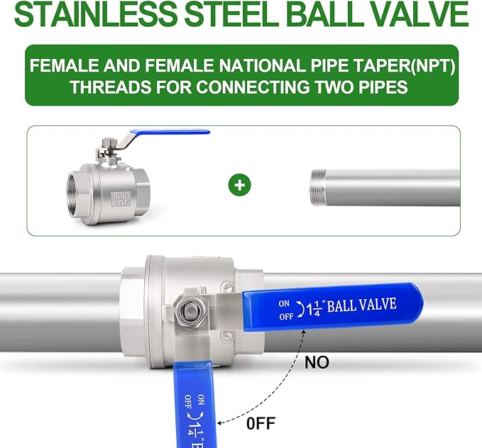 TAISHER 1 PCS 1-1/4 Inch FNPT Heavy Duty Full Porat Ball Valve 304 Stainless Steel with Blue Handles