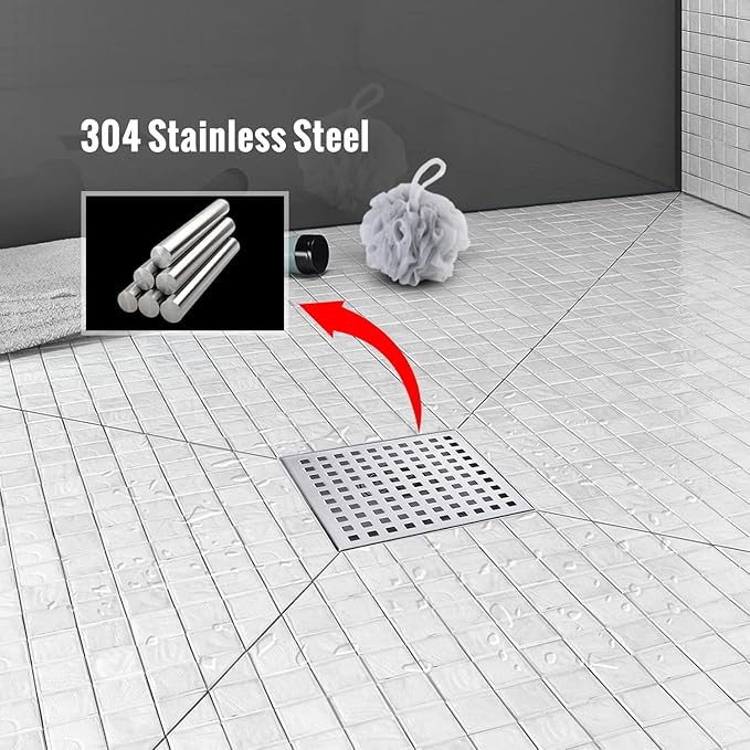 Square Shower Drain, Shower Drain 6 inch with Removable Grate Cover, Corrosion Resistant AISI 304 Stainless Steel Shower Floor Drain with Hair Catcher