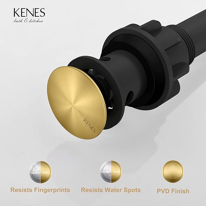 KENES Brushed Gold Pop Up Bathroom Sink Drain with Overflow, Bathroom Sink Drain Assembly with Strainer Pop Up Drain, Lavatory Bathroom Vanity Sink Pop Up Drain Stopper