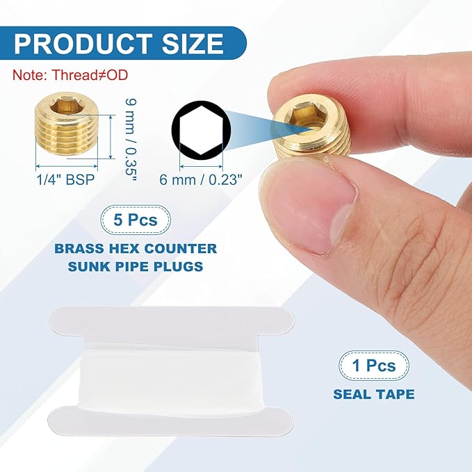 PATIKIL 1/4" BSP Male Pipe Plug Fitting, 3Pcs Brass Hex Counter Sunk Plug Brass Male Connector Socket for Closing the End of Pipe Industrial Machinery Fittings