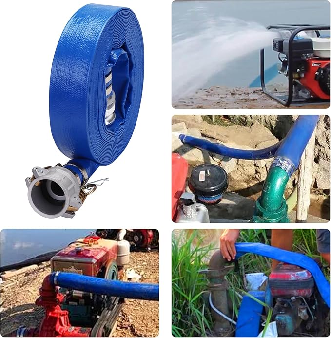 Lay-Flat Pool Backwash Hose - 1.5" x 50Ft with Aluminum Camlock C & E Fittings Reinforced Heavy Duty PVC Discharge Hose Weather-Proof Vinyl Pool Drain Hose for Water Transfer