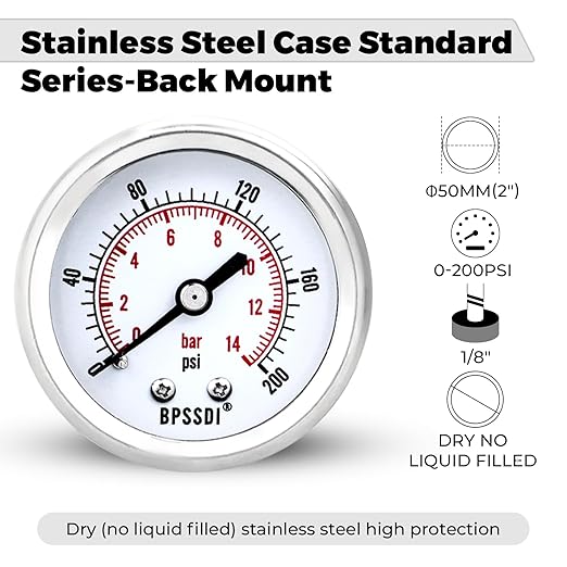 0-200 Psi Low Pressure Gauge, 2" Dial Size, 1/8 NPT Back Mount, Stainless Steel Case for Water Pressure Gauge Test for Water Pipe, HVAC(with Tape)
