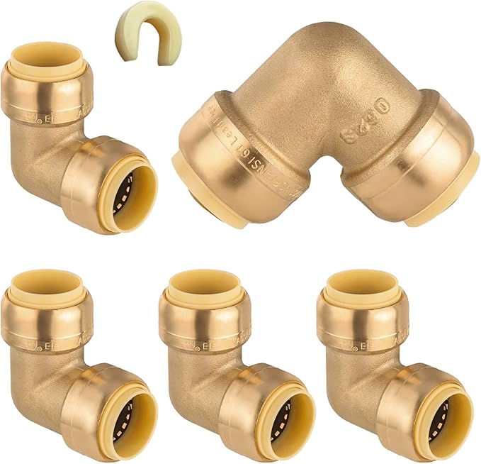 5-Pack HeSun Pushfit 90 Degree Elbow, 1/2"x1/2" Push to Connect Plumbing Fittings with Disconnect Clip, Brass Push-fit Fittings for PEX, Copper, CPVC, PE-RT Pipes(PF042-5)