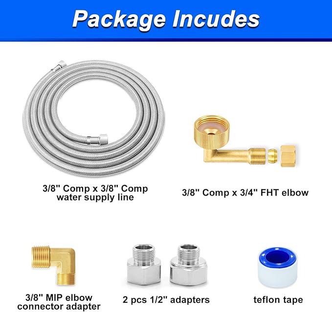 Dishwasher Installation Kit - 8 FT Stainless Steel Dishwasher Hose with 3/8" Compression Connections,Food Grade PEX Inner Tube Dishwasher Water Supply Line with Elbows,Adapters
