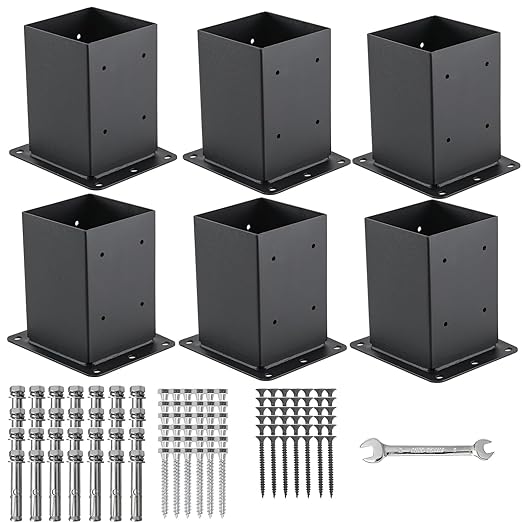 4x4 Post Base 6 Pcs, (Inner Size 3.6"x3.6") Post Anchors, 13GA Thick Solid Steel & Black Powder Coated,Deck Post Brackets Support Deck Base Plate Pergola Brackets Fence Kit Mailbox Mount…