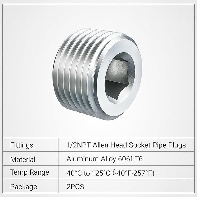 EVIL ENERGY 1/2" NPT Plugs Aluminum Socket Allen Head Silver, Pack of 2