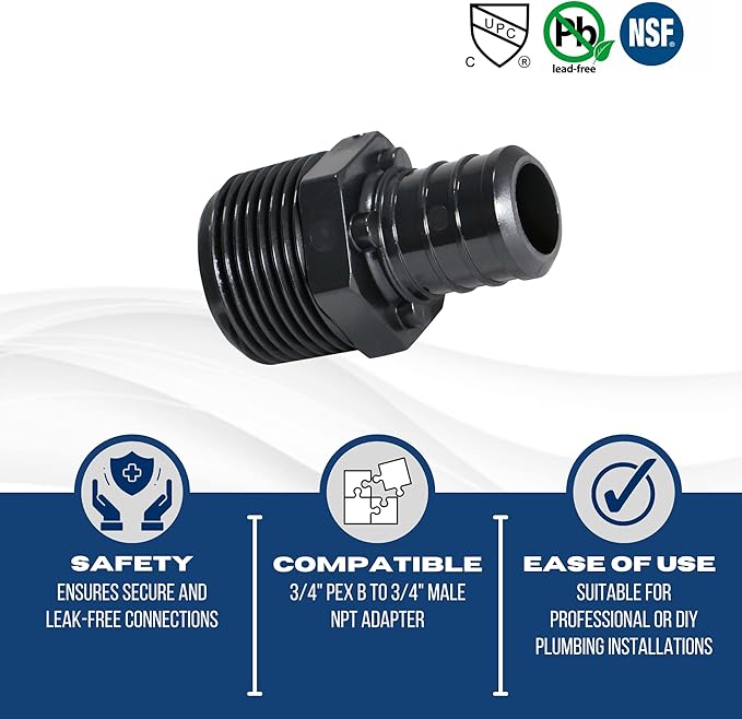 10 Pieces XFITTING 3/4" Pex x 3/4" Male NPT Adapter, Poly Alloy Male, Plastic Male - Crimp Pex B, Black, 10 Packs