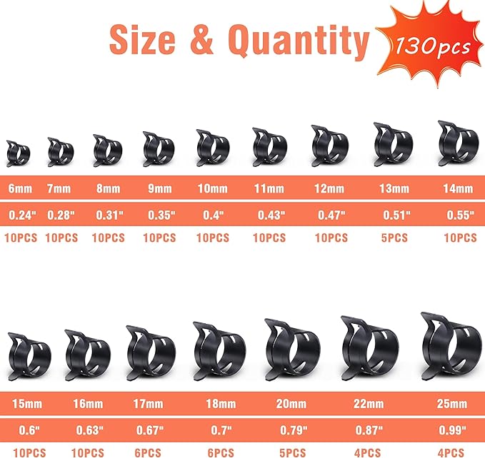 AKIHISA 130Pcs 6-25mm Spring Band Hose Clamp Assortment Kit with Hose Clamp Pliers, 16 Sizes Spring Hose Clip Fuel Line Silicone Vacuum Hose Pipe Clamp, Air Hose Tube Water Pipe Fasteners