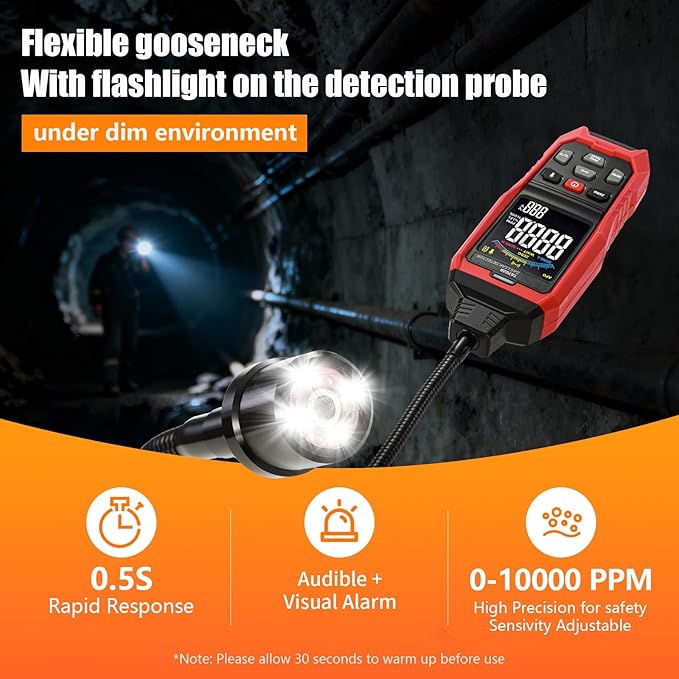 Gas Leak Detector with Flashlight Gooseneck, Rechargeable Natural Gas Leak Detector with LED Digital, Alert, Locating The Source Like Propane, Methane, LPG and Butane for Industrial, Home Kitchen RV