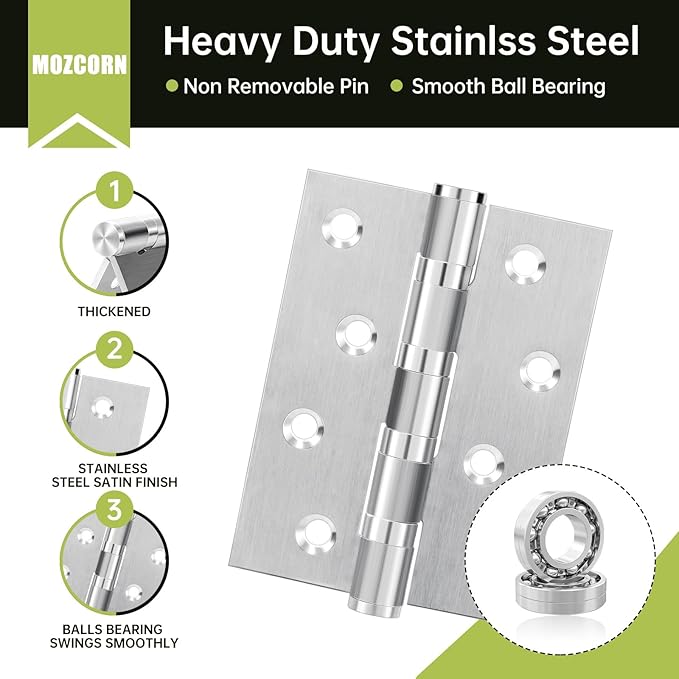 3Pcs Stainless Steel Door Hinges 4 Inch, Heavy Duty Ball Bearing Hinges for Interior Exterior Doors, Square Corner, Max Loading 150LB, Smooth and Quiet, Silver