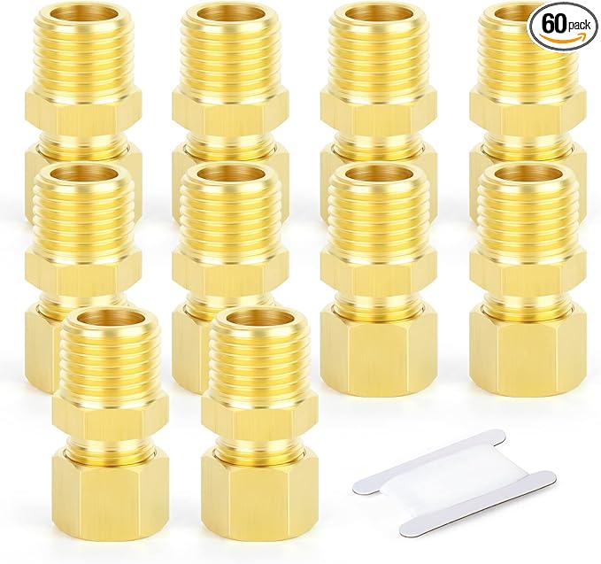 GASHER 10PCS Brass Compression Tube Pipe Fitting Connector, 5/16" Tube OD x 1/4" NPT Male Connector