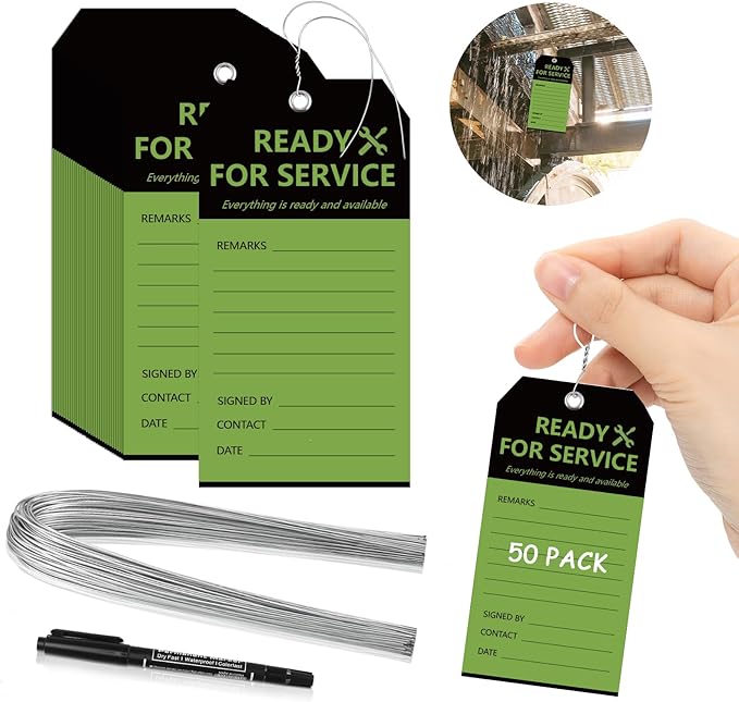50PCS Ready for Service Tags 3" x 5 3/4" Service Repair Tags with Wire Service Tags for Equipment Black and Green Service Tags for Required Examination Production Status Notice Tags Cardstock