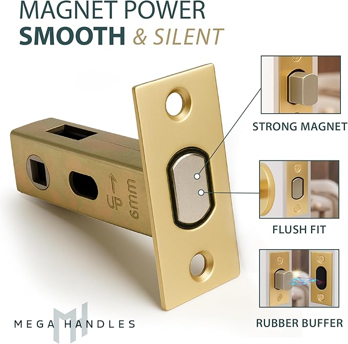 Mega Handles Magnetic Tubular Door Latch - 3 Inch Magnetic Exterior Door Latch, Standard Door Latch Replacement Suitable for Every Door Handle & Knob Brand - Satin Brass