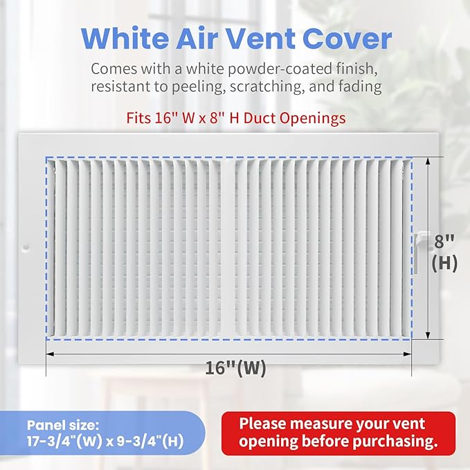 16 x 8 Inch [Duct Opening] Air Vent Covers for Wall or Ceiling - High Airflow 2 Way Steel Ventilation - Adjustable Wall/Ceiling Register, 17-3/4 Inch x 9-3/4 Inch [Overall Dimensions]