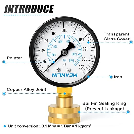 MEANLIN MEASURE 0-200Psi Water Pressure Gauge, 3/4" Female 2.5" FACE DIAL Water Pressure Test Gauge, Water Pressure Gauge for Home with Sealing Ring