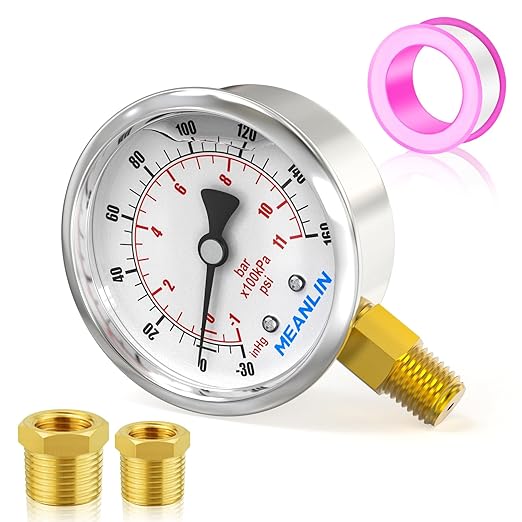 MEANLIN MEASURE -30inHG~160Psi Stainless Steel 1/4" NPT 2.5" FACE DIAL Vacuum Pressure Gauge, Lower Mount, with 1/4" x 1/2" NPT and 1/4" x 3/8" NPT Hex Bushing