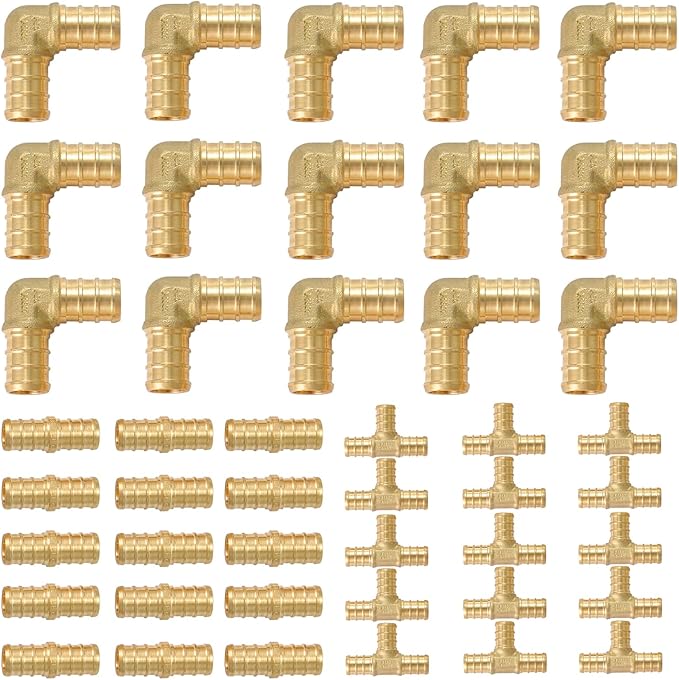 (Pack of 45) 1/2" PEX Fittings,90 Degree Elbow (15 PCS) + Tee (15 PCS) + Straight Coupling (15 PCS),Pex Brass Crimp Fitting Combo for PEX Pipe Tubing Connection,ASTM F1807
