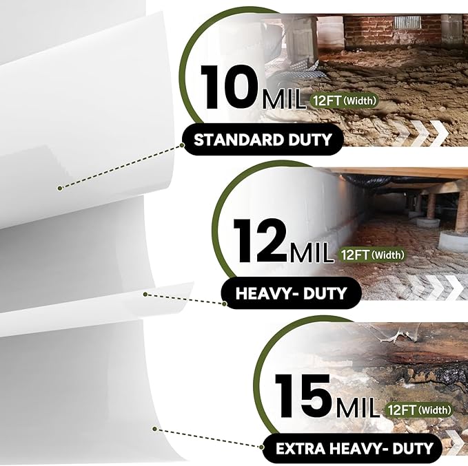 White Crawl Space Vapor Barrier, 10 Mil Vapor Barrier, 12' x 50', Heavy Duty Polyethylene Film, Thick Plastic Sheeting, Plastic Drop Cloth Covering for Crawlspace, Basement, White