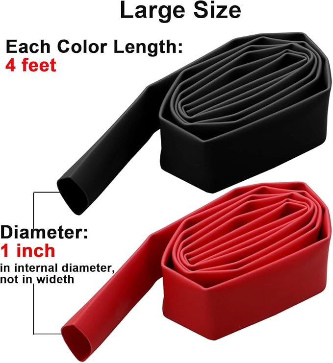 2 Pcs 1 inch (Diameter) Heat Shrink Tubing, 3:1 Adhesive-Lined Large Heat Wire Shrinkable Tube by MILAPEAK (4 Feet, Black & Red)