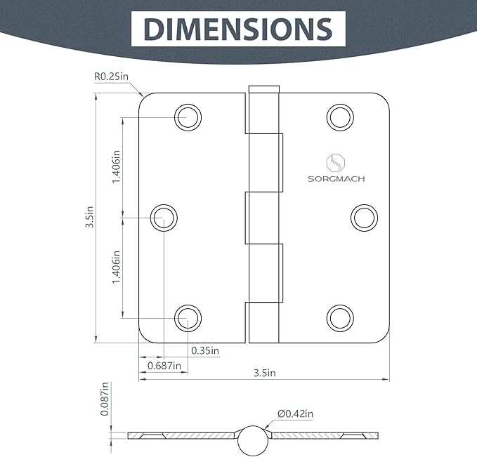 Door Hinge 3 1/2 Inch Interior Door Hinges Matte Black 3.5 Inch Interior Hinges Flat Iron Hinge 3 ½"x 3 ½" Door Hardware 1/4" Radius - 12 Pieces